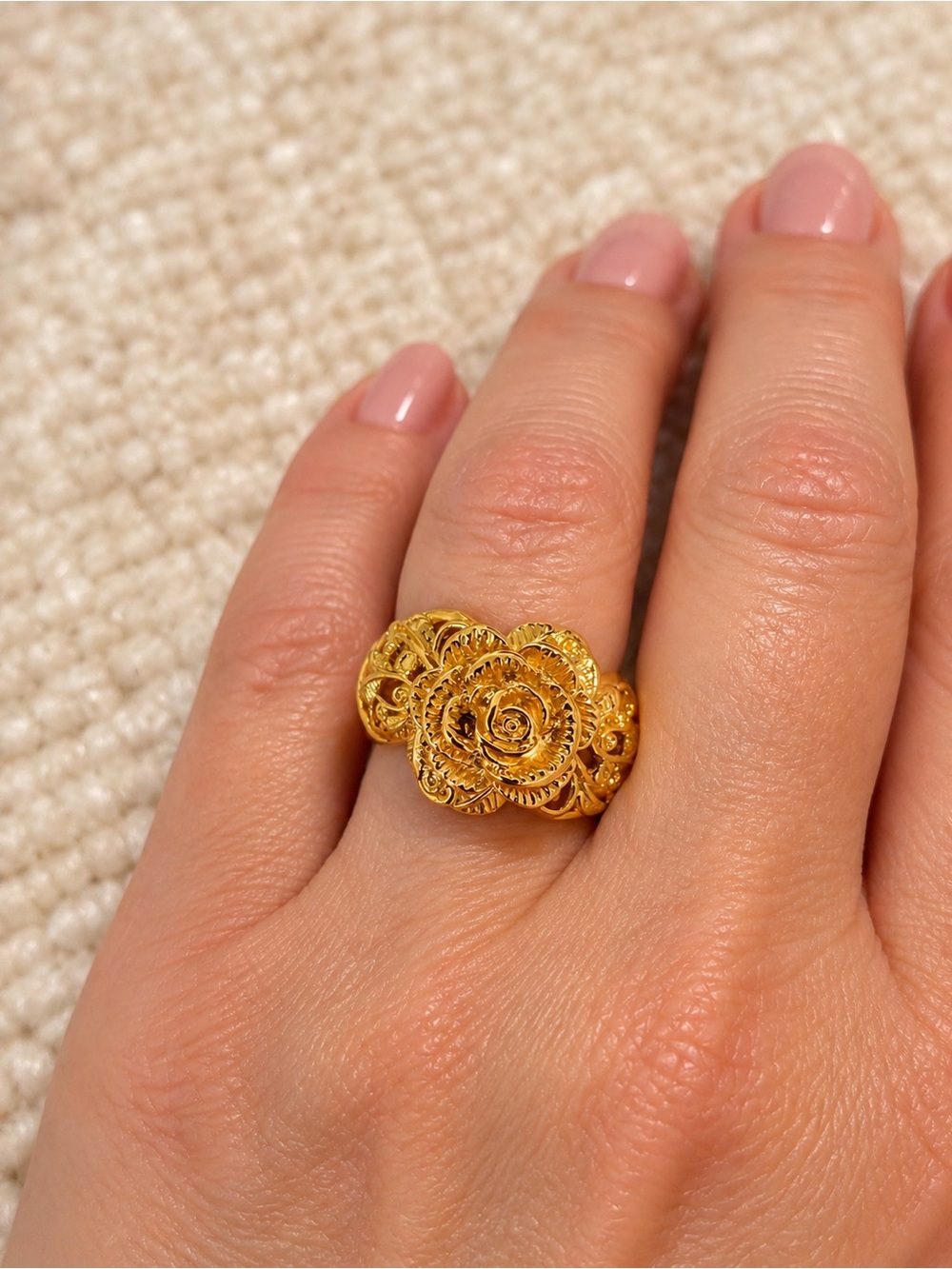 Italian Luxury Jewelry 14K Gold Plated Unique Filigree Rose Ring Size 8